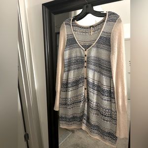 Free people light pink knit button down wool sweater with blue design size M